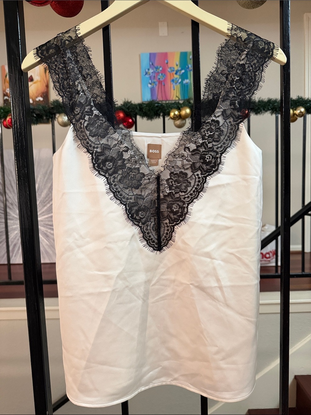 BOSS White Satin Chemise with Black Lace V-Neck